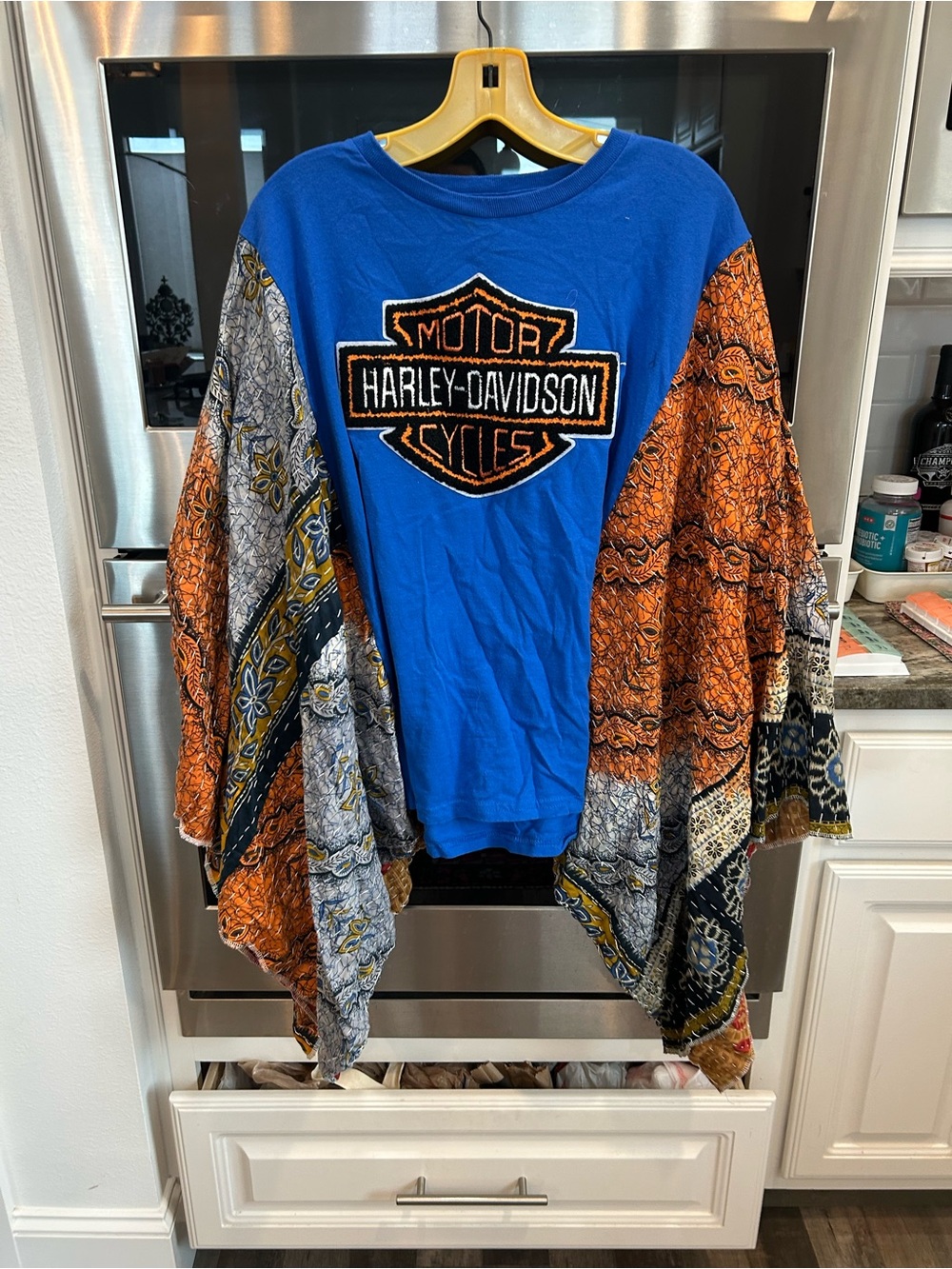Up cycled harley Davidson Tshirt poncho with kantha Boho extra long sleeves GUC